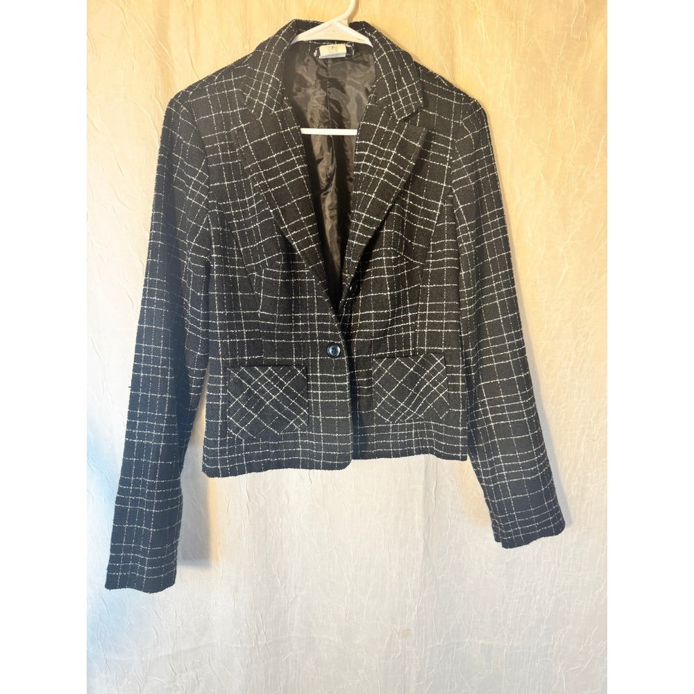 Blazer Jacket Women Small Black White Plaid Y2K Windowpane Dress Coat